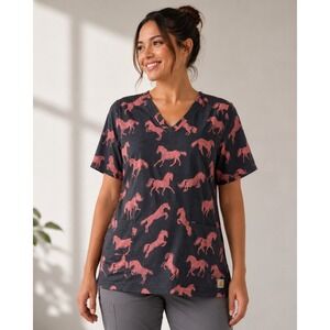NWOT Carhartt Women Scrub Top Small Gray Pink Horse Print V-Neck Modern Fit